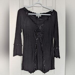 Svetlana Women's (Size 4) Black V-Neck Ruffled Tunic Top With Rosettes & Ruffles